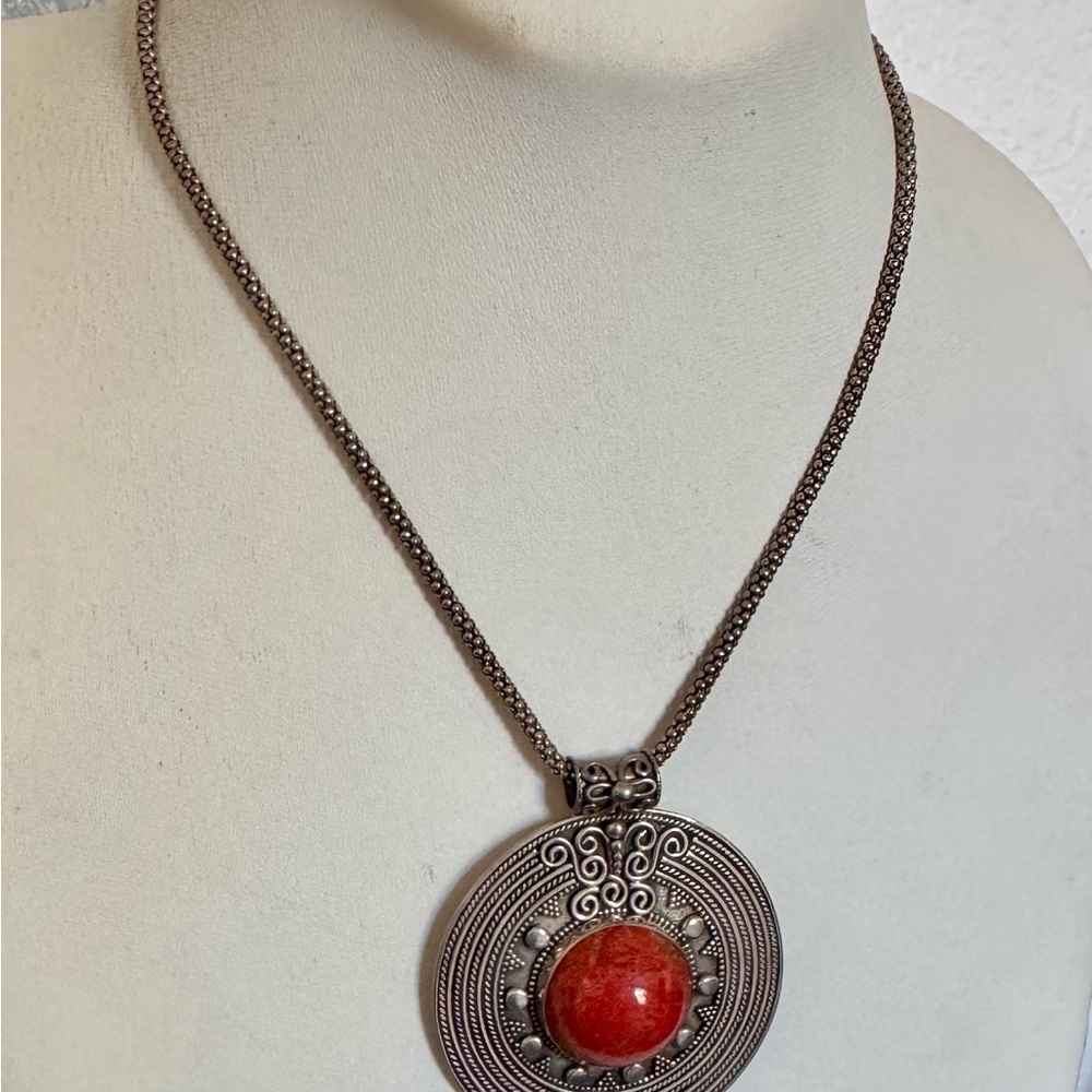 Statement Silver Pendant Necklace with Red Stone Center